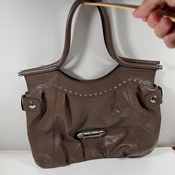 Guess Taupe Brown Large Hobo Metal Studded Distressed Leather Tote Vintage Y2K - Picture 10 of 16